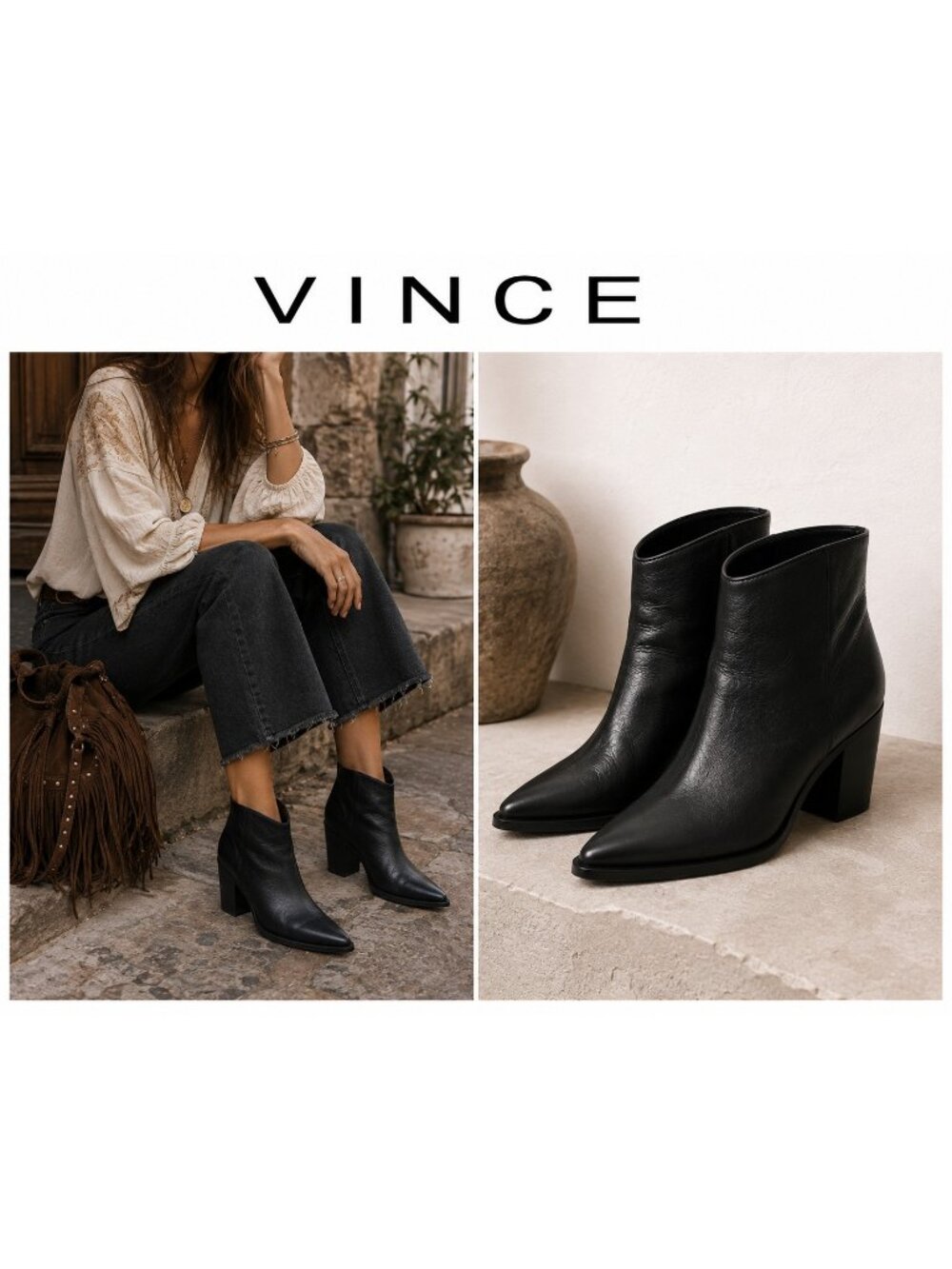 VINCE Made in Italy Black Leather Pointed Toe Block Heel Ankle Boots 7.5